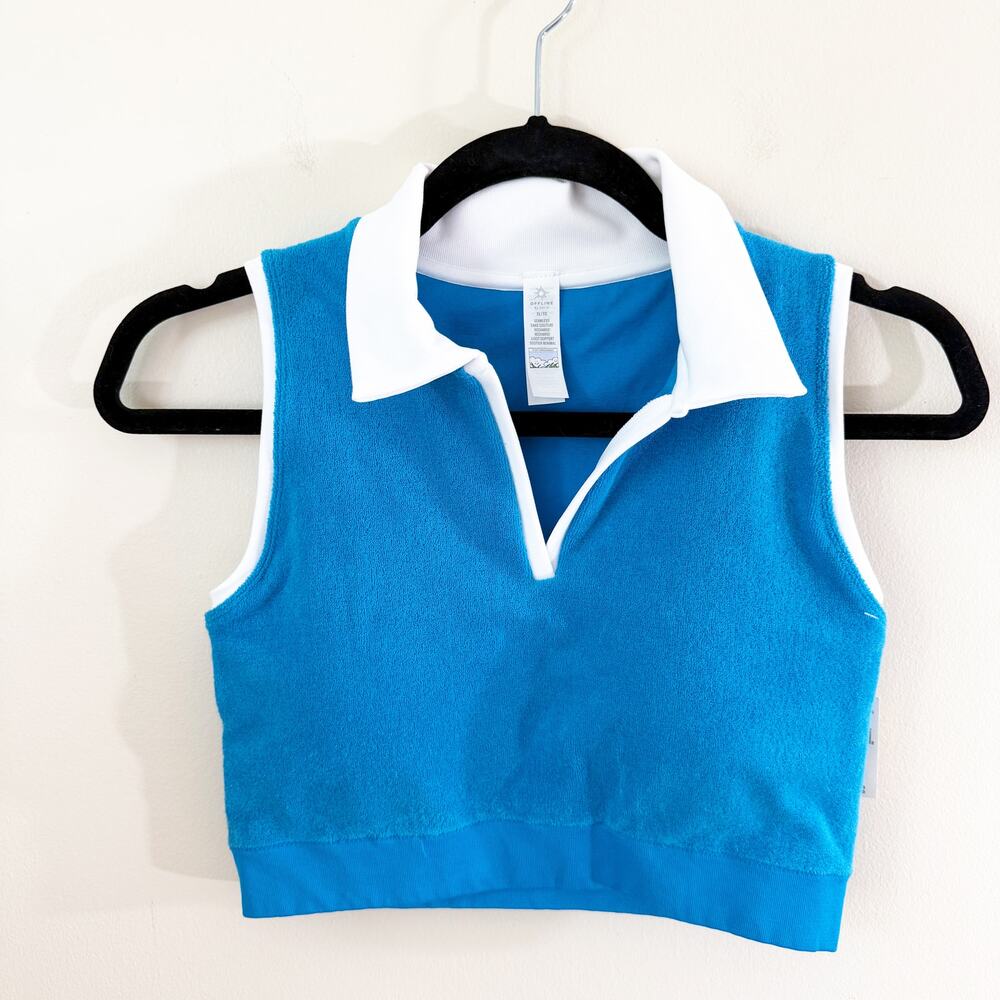 NWT Aerie Teal and White Terry Crop Top Women's Size XL V-Neck Collar Sleeveless